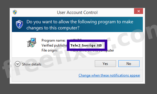 Screenshot where Tele2 Sverige AB appears as the verified publisher in the UAC dialog